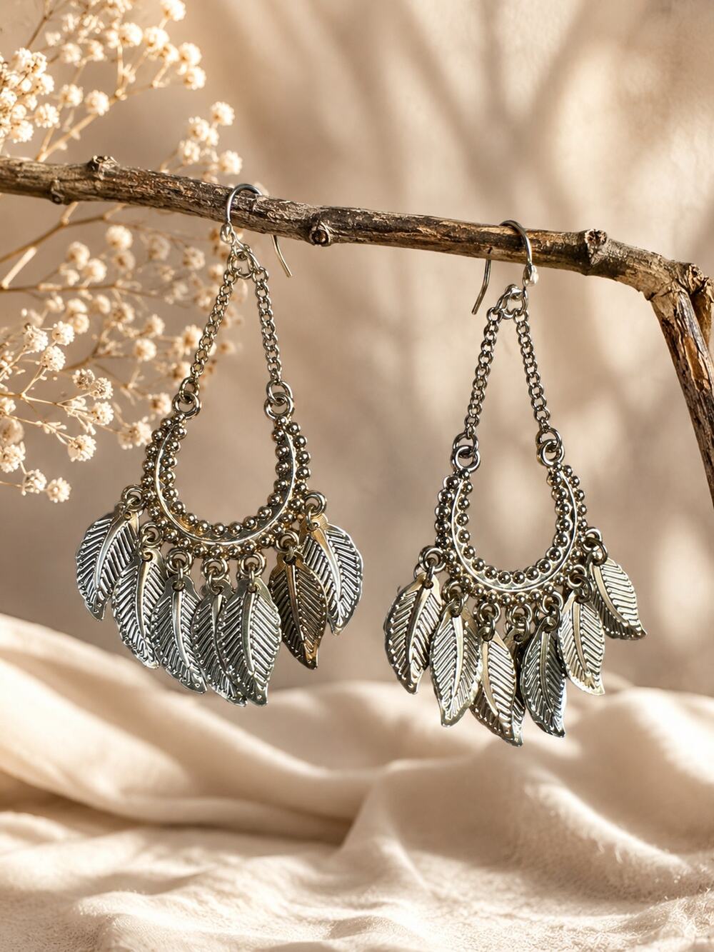 Gold And Silver Color Matching Hollow Leaf Dangle Earrings